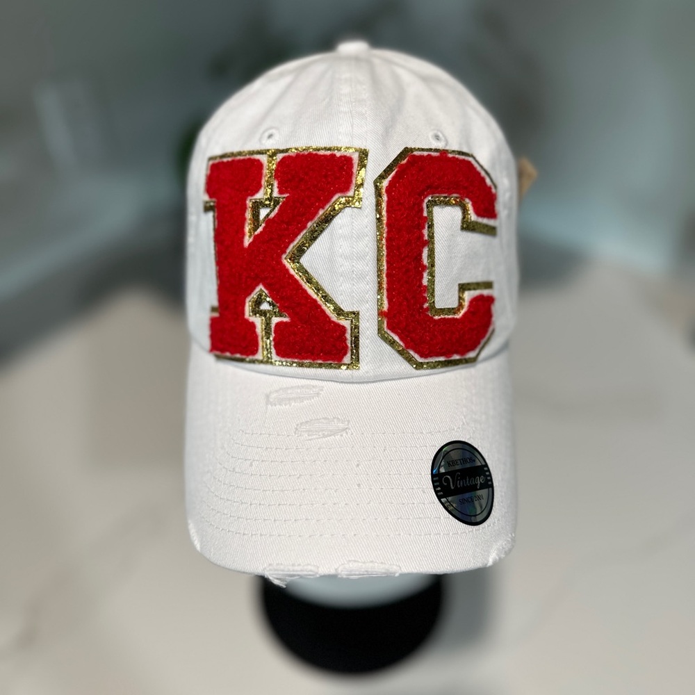 New distressed white hat with KC Chenille letters